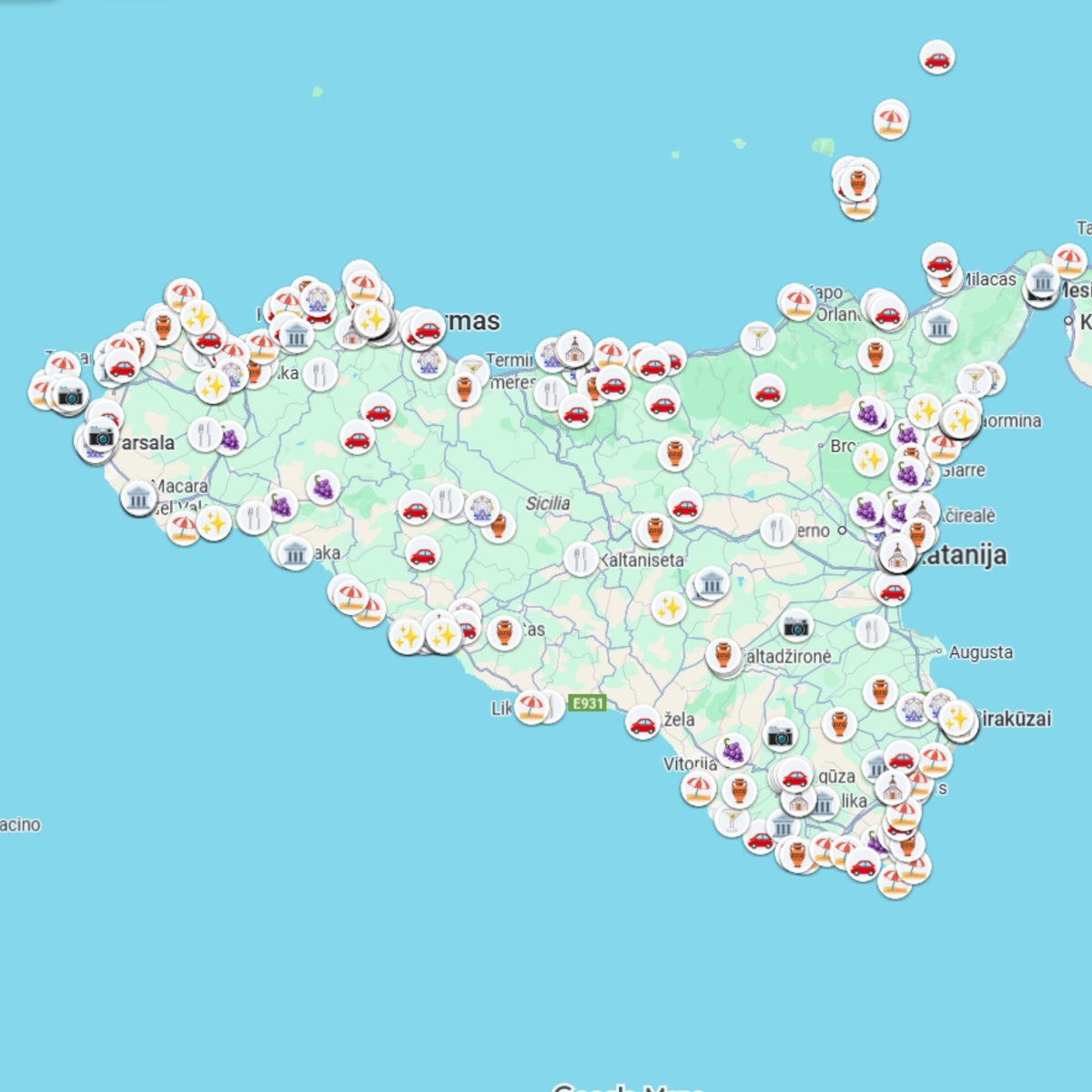 Sicilija lankytinos vietos žemėlapis preview