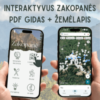 Two smartphones displaying a travel guide and map for Zakopane with mountain background.