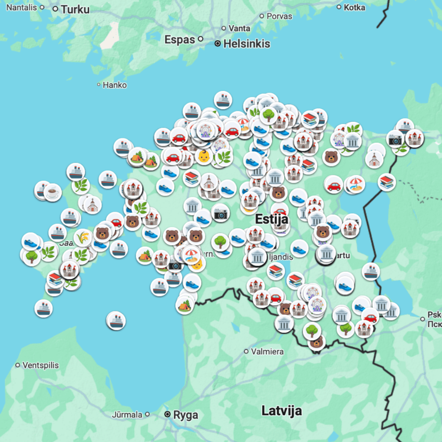 Estijos lankytinų vietų žemėlapis