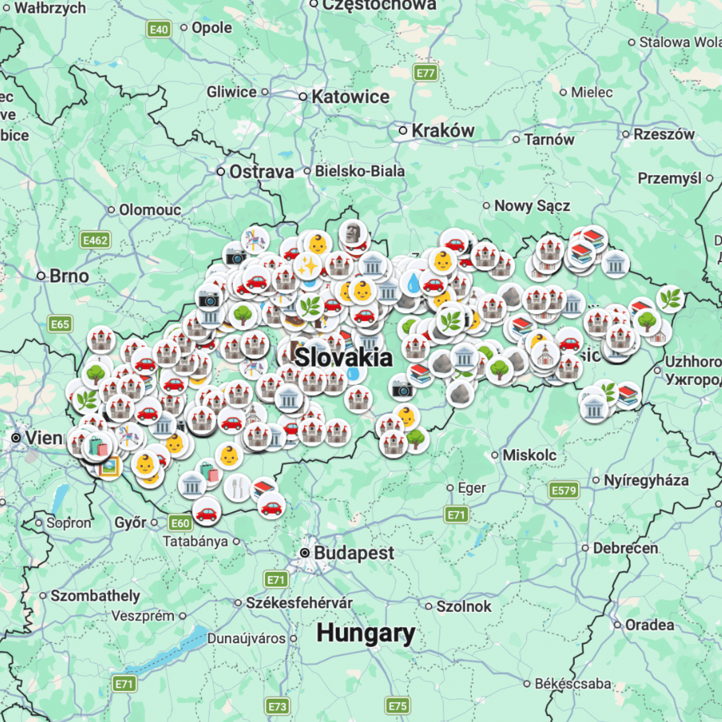 Slovakijos lankytinų vietų žemėlapis
