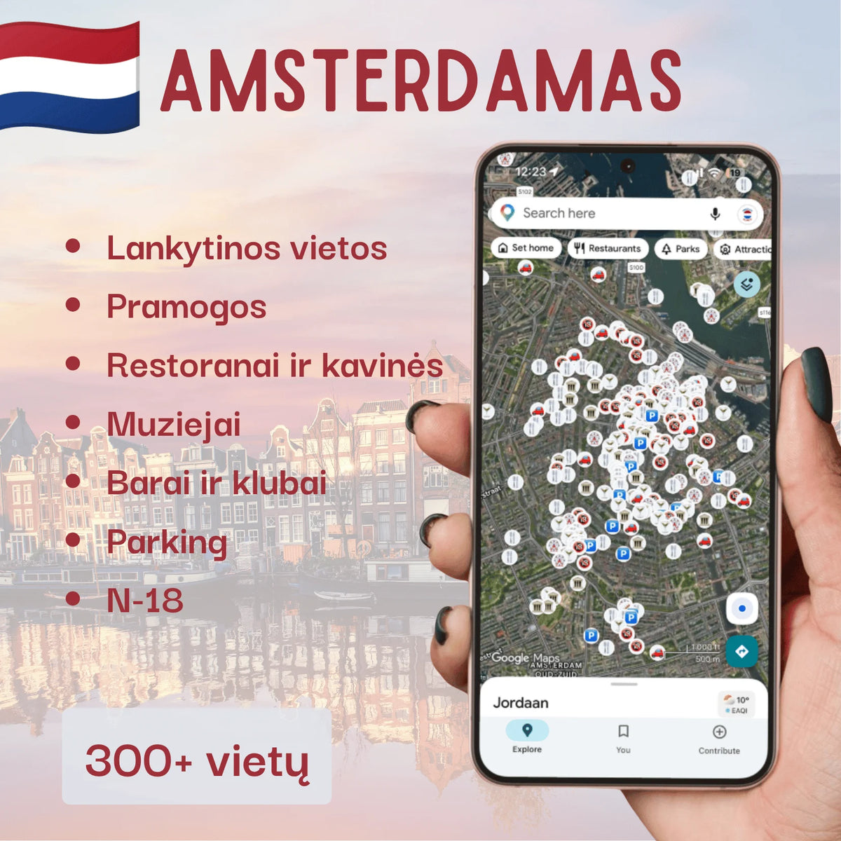 Amsterdamo lankytinų vietų žemėlapio produkto viršelis su lankytinomis vietomis