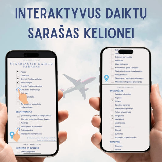 Interaktyvus daiktų sąrašas kelionei – PDF viršelis telefonų ekranuose