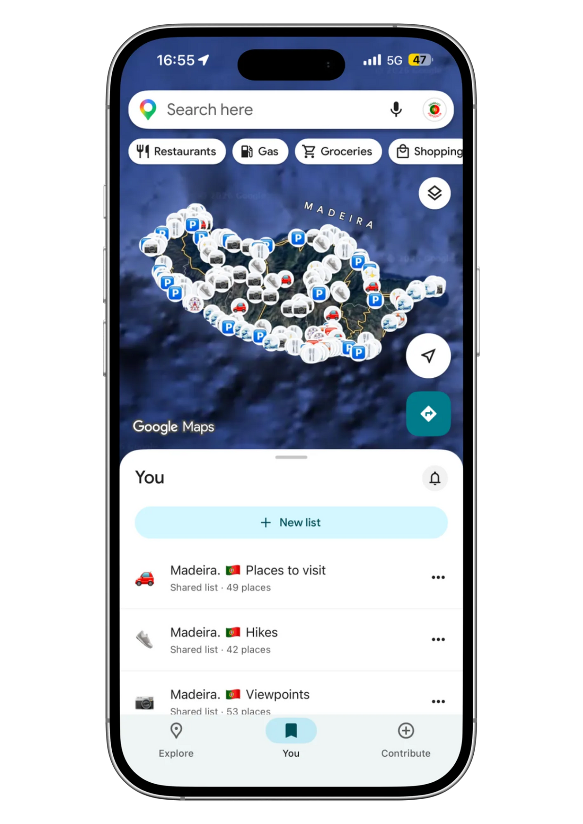 Telefono ekrane matomi Madeiros lankytinų vietų sąrašai Google Maps žemėlapyje